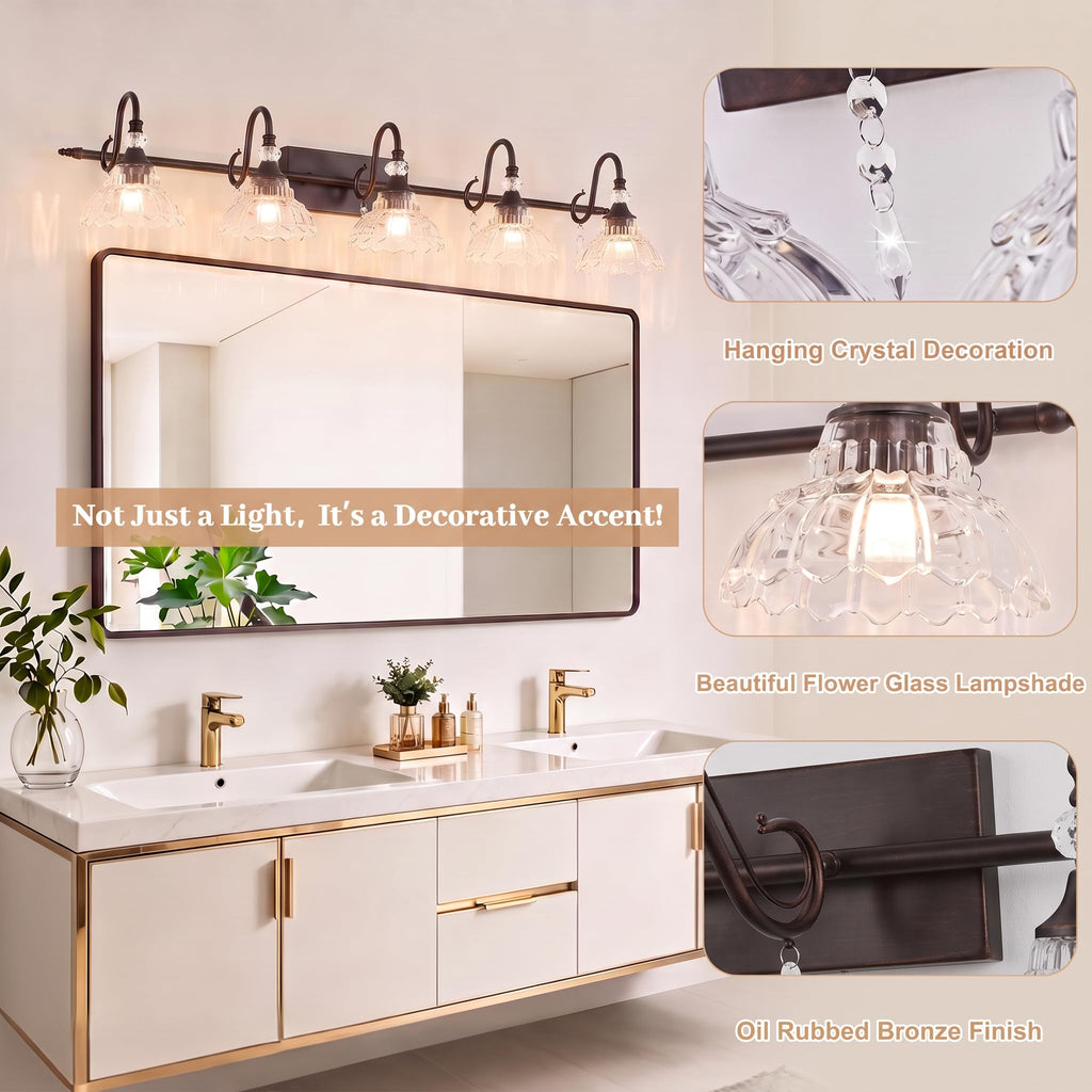 5-Light Oil Rubbed Bronze Vintage Bathroom Vanity Light w/Flower Shade