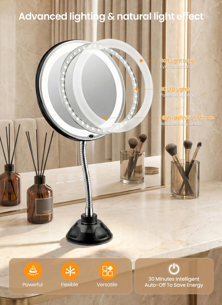 10x Makeup Mirror with Lights, Flexible Magnifying Mirror 3 Light Modes