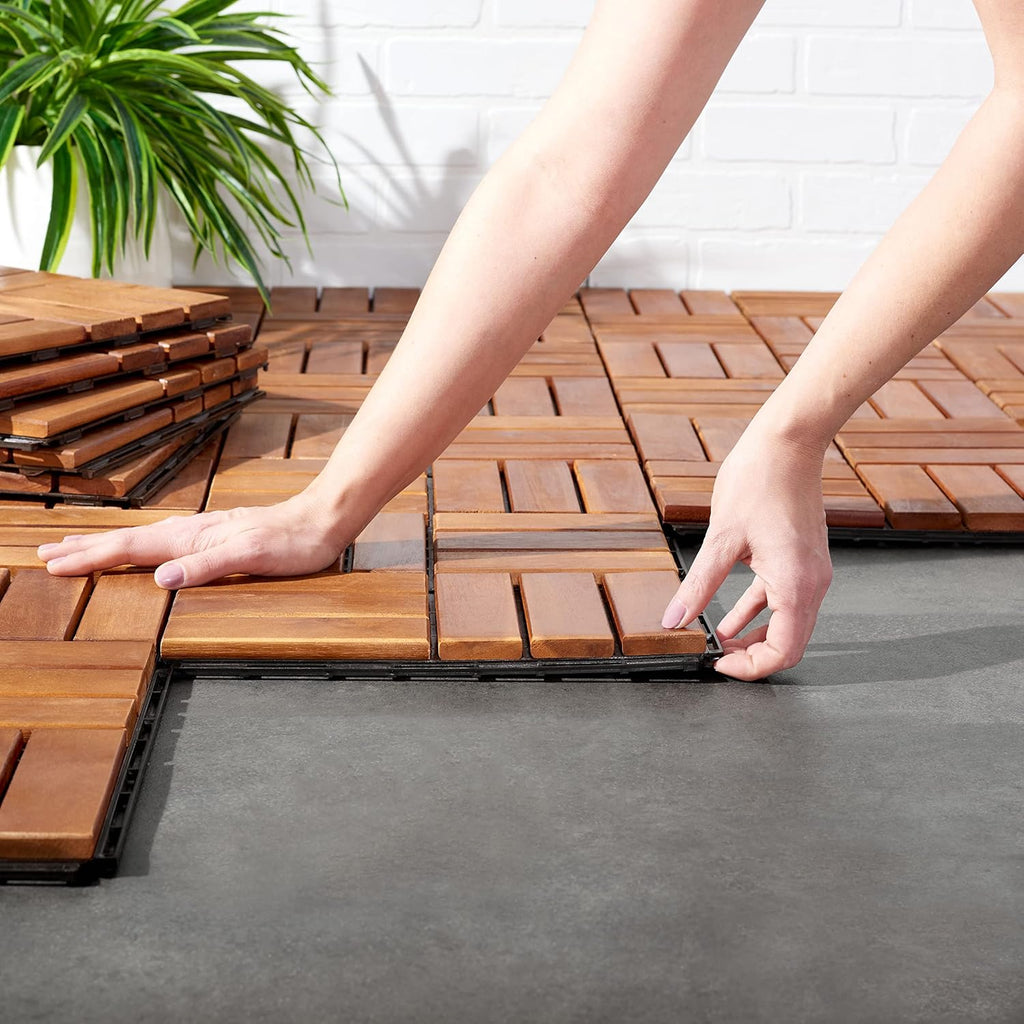 Outdoor Collection Hanoi Natural Acacia Wood 12-Slat Interlocking Floor Tile Patio Deck 12 x 12-inch (Set of 10)