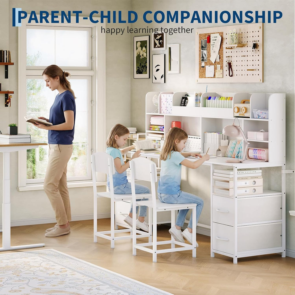69" Double Kids Desk and Chair Set with Hutch & 4 Storage Drawers