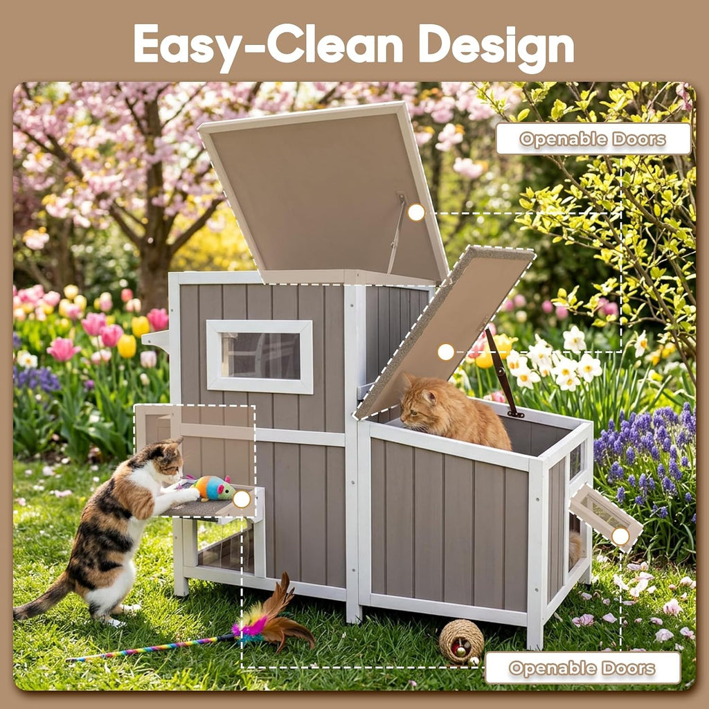 Outdoor Cat House for 2-3 Cats, 2-Story Weatherproof Wooden Cat Shelter with Feeding Station, Openable Asphalt Roof