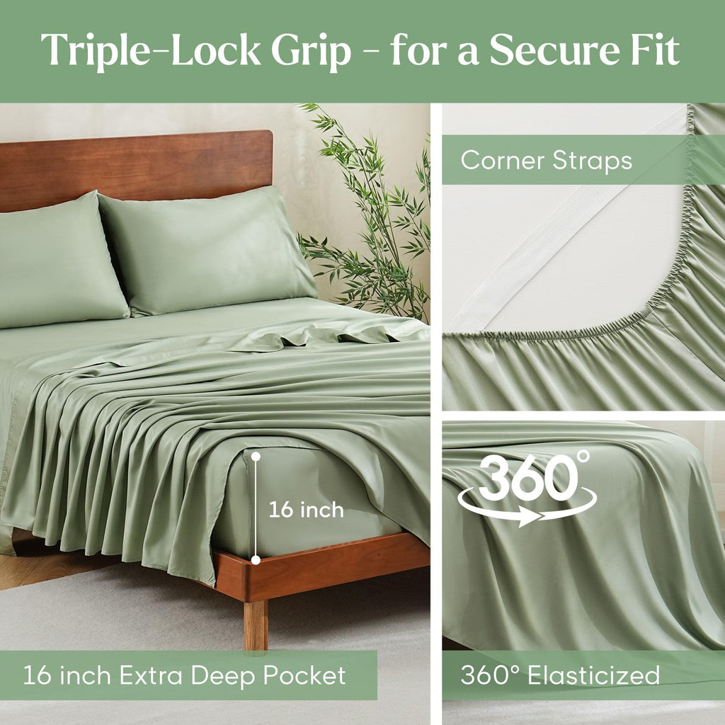 Sage Green 100% Viscose Derived from Bamboo Cooling Sheet Set Queen
