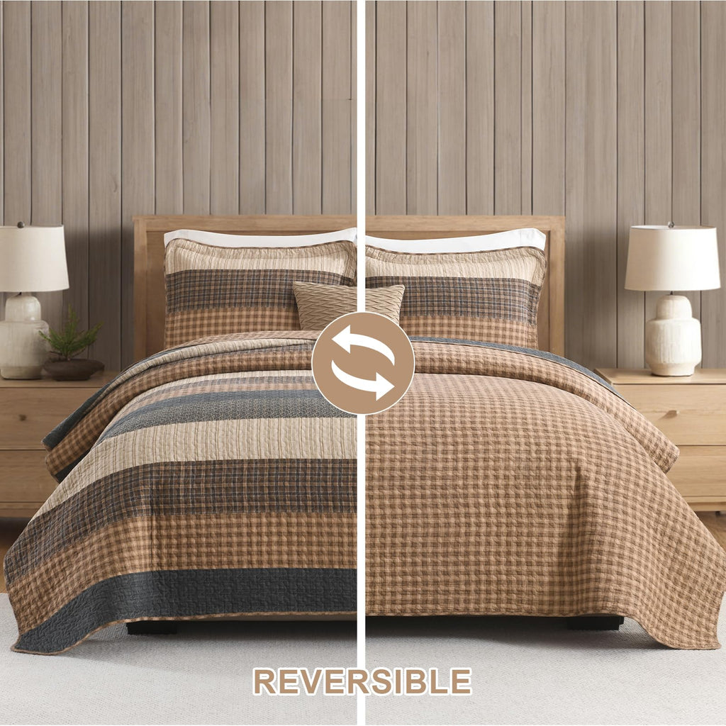 100% Cotton Farmhouse Quilt, Bedspread Set with Pillow Shams, Rustic Patchwork Striped Bedding