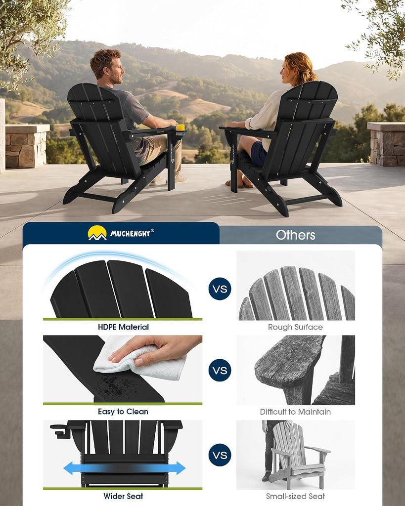 Folding Adirondack Chairs 2 Pack, Patio & Outdoor Chairs, Plastic Weather Resistant with Cup Holder for Deck