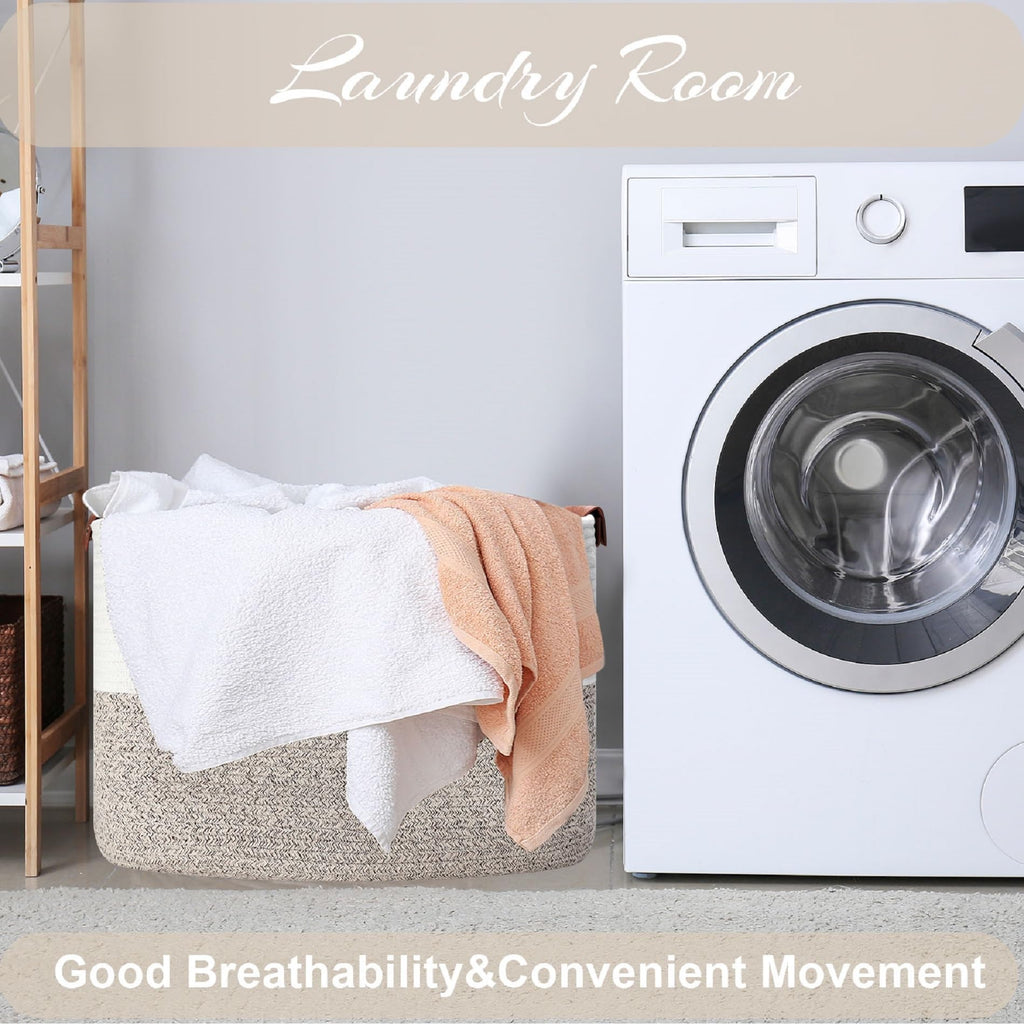 Large Cotton Rope Storage Basket with Leather Handles, Laundry Hamper Basket, 20 "L x 14" W x 12 "H, Durable &