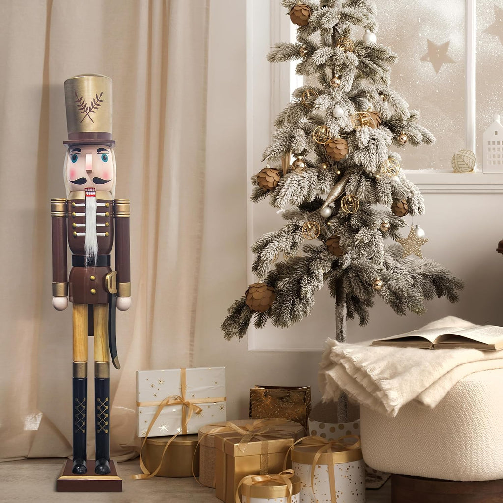 4ft Christmas Nutcracker Brown and Gold Wooden Soldier Nutcracker Figurine Christmas Decorations for Front Door Porch