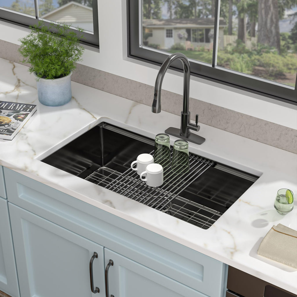 30"x19" Gunmetal Black Undermount Kitchen Sink Ledge Workstation