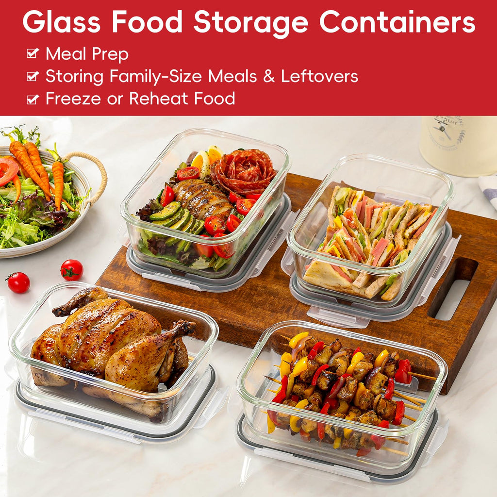 4 Pack 8 Cups/ 63oz Large Glass Storage Containers with Lids, Meal Prep Containers, Glass Food Storage with Airtight