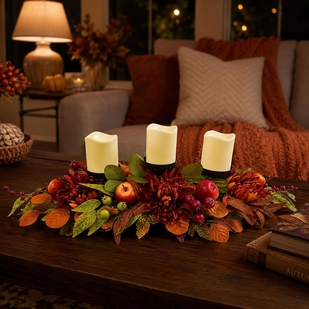 26 Inch Fall 3 Candle Holder with Faux Apples, Mums and Berries | 3 Candle Cups with Faux Apples, Red Mums and Autumn