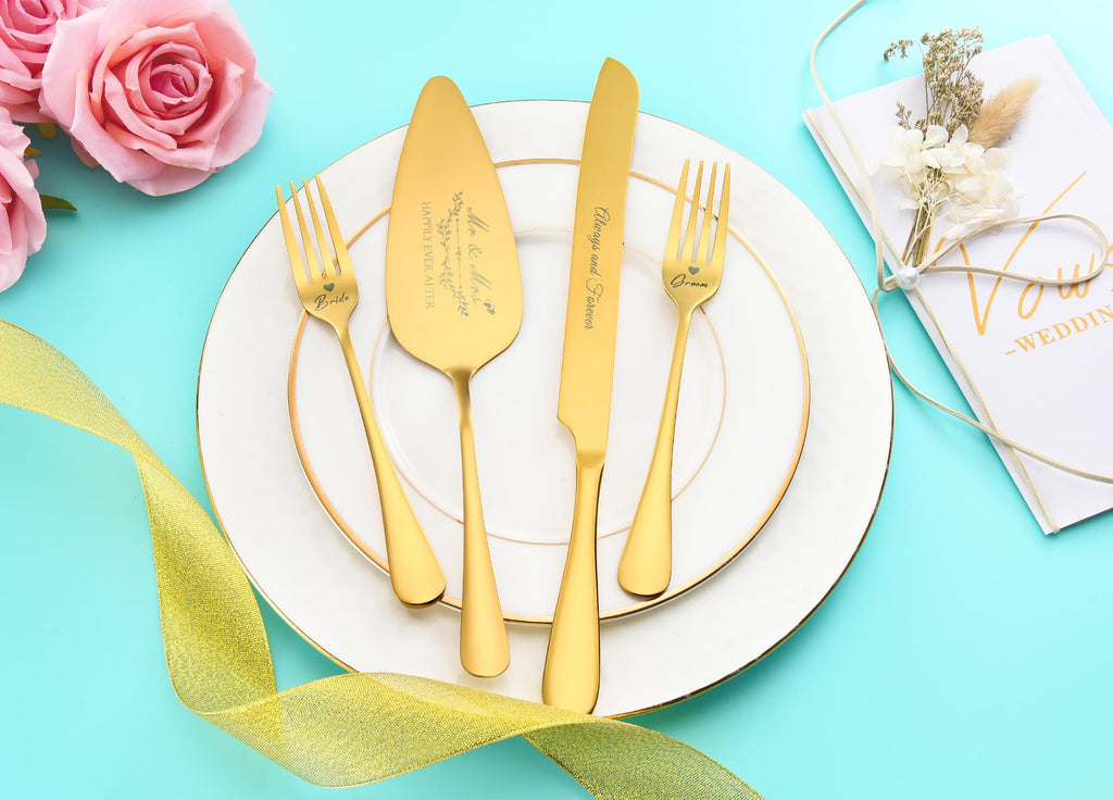 Wedding Cake Knife and Server Set with Forks, Gold 4-Piece