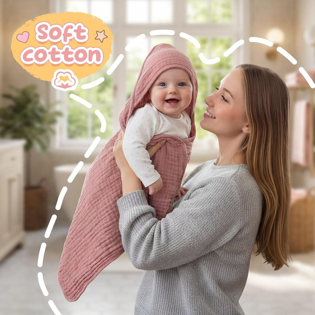12 Pcs Muslin Hooded Baby Bath Towel Set, Pink Series