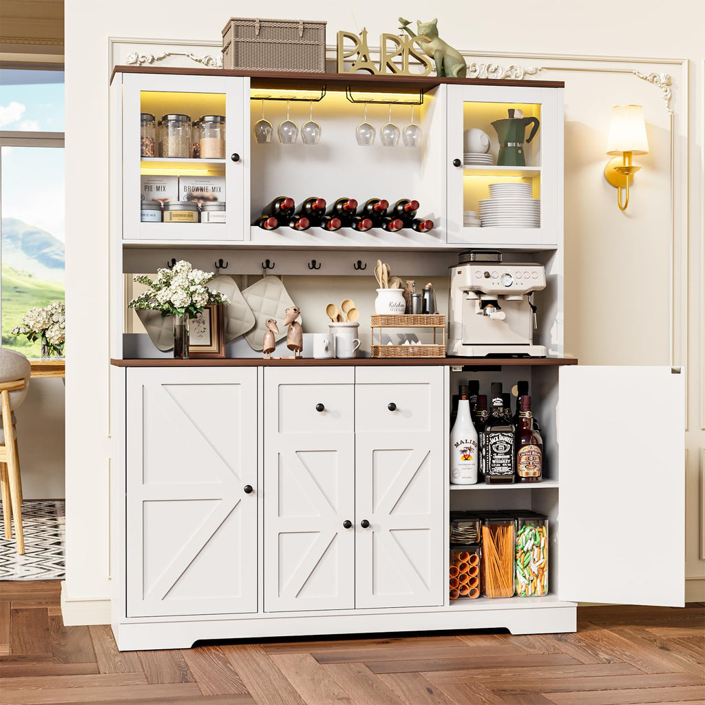 68" Tall Kitchen Pantry Storage Cabinet with Charging Station, 55" Wide Kitchen Hutch Cabinet with Large Countertop