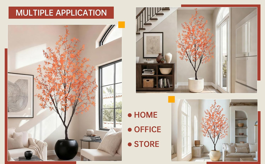 Autumn Maple Tree 8.5FT with 900 Red & Orange Leaves Fall Décor Tall Large Faux 102 Inch Plant Black Pot for Indoor