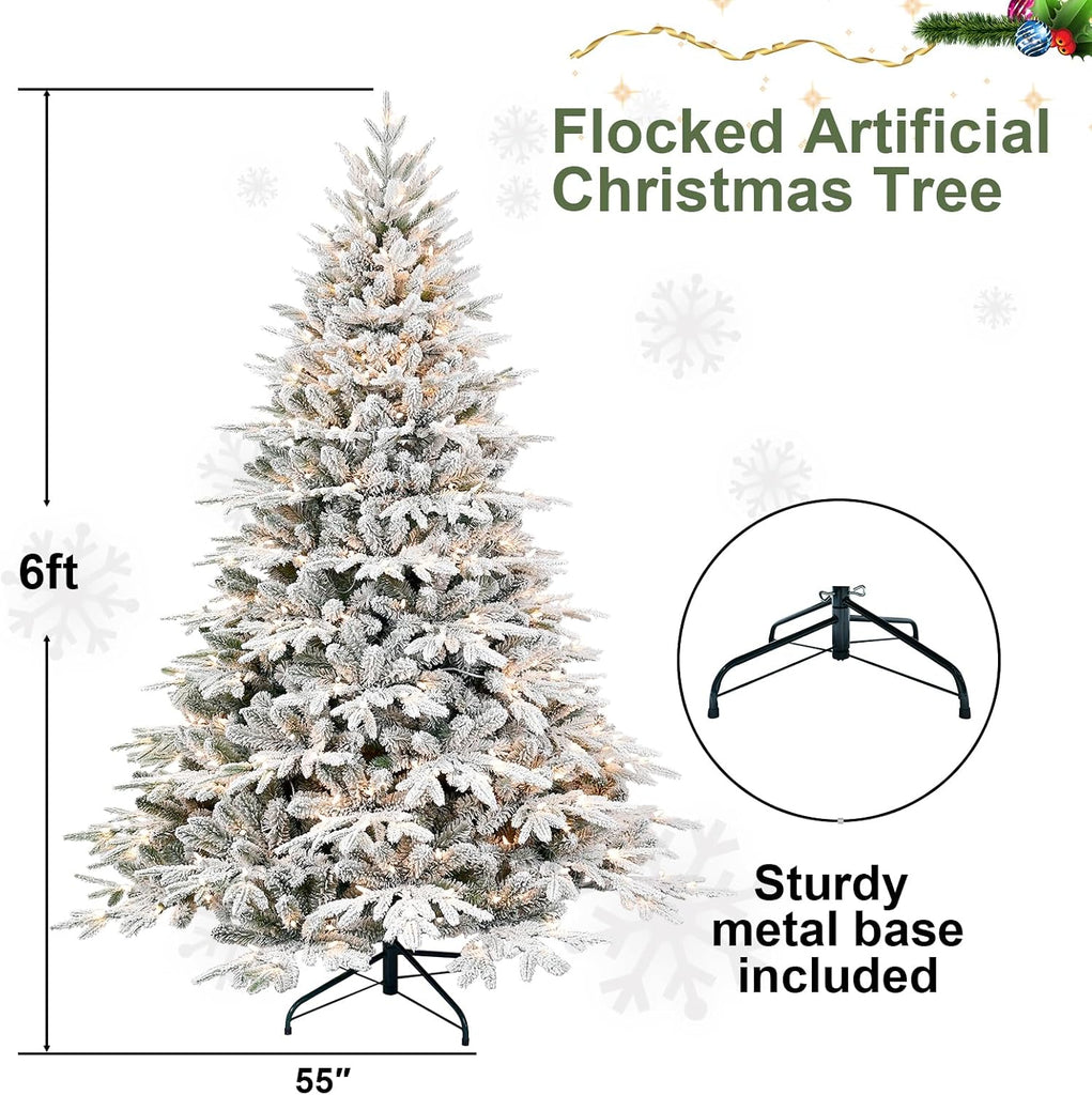6ft Pre-Lit Snow Flocked Christmas Tree, 2,056 Tips, 400 Warm Lights