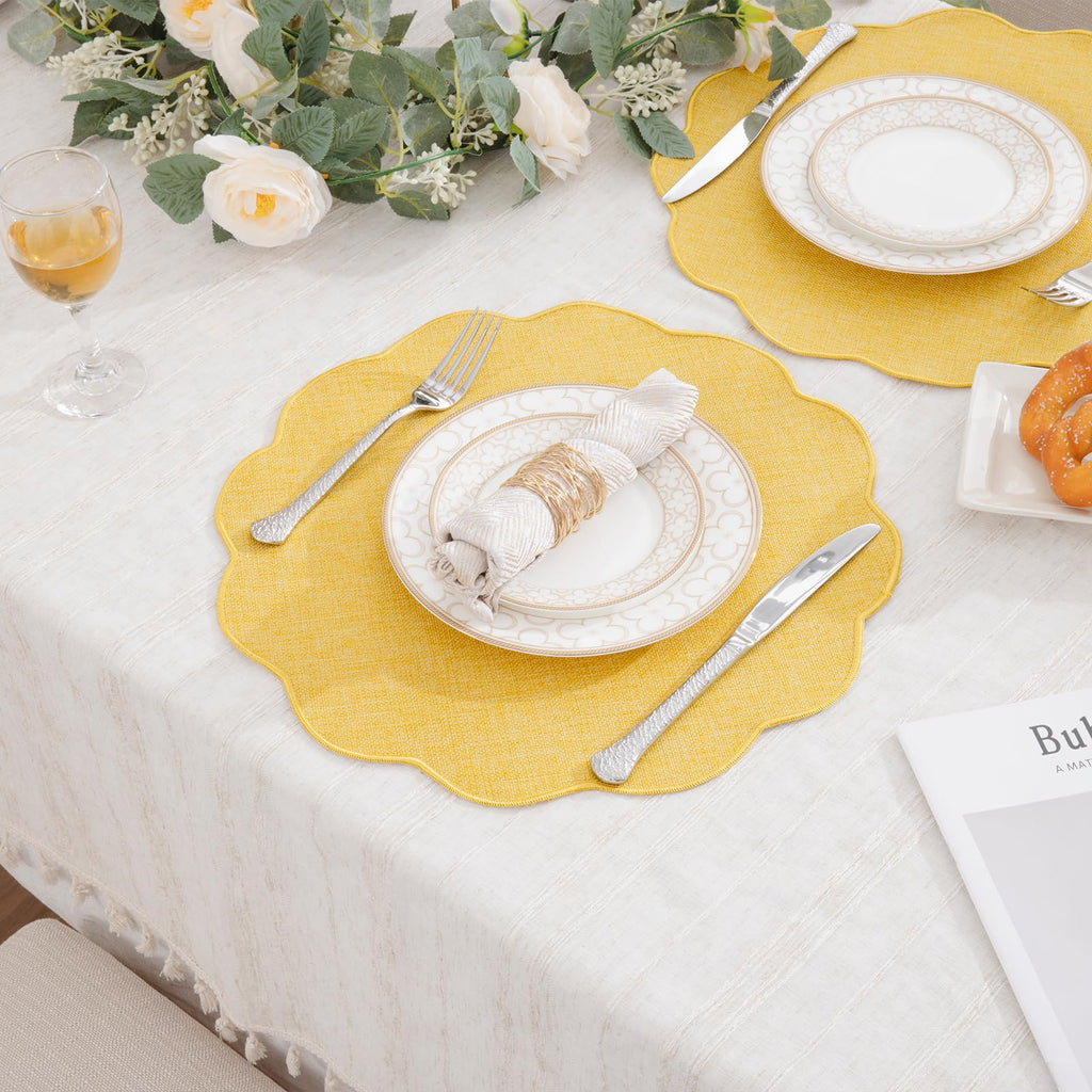 Yellow Round Scalloped Placemats Set of 4 Polyester Linen Blend