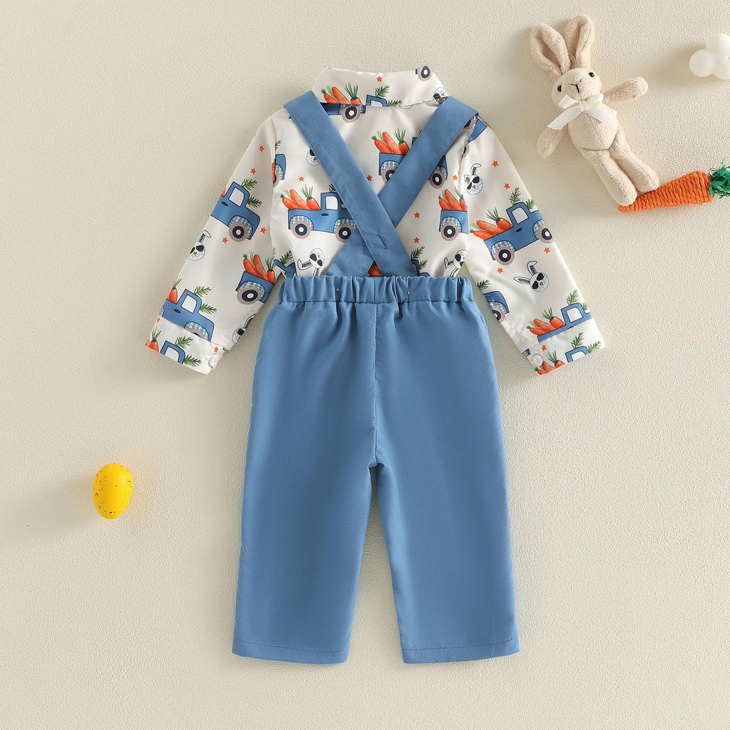 Toddler Boy Easter Outfit Truck Bunny Carrot Gentleman Shirt Overalls Pants Set Baby Boys Spring Summer Clothes (C