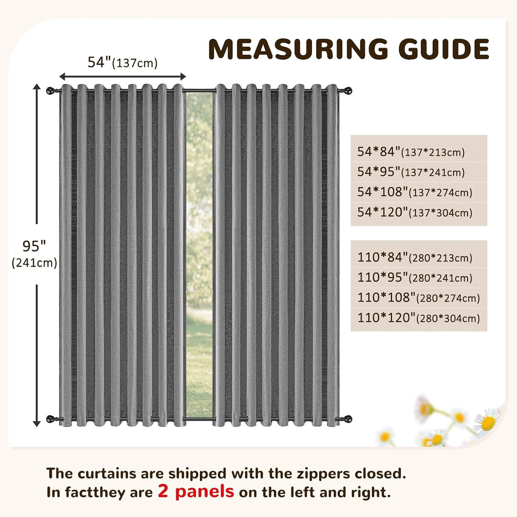 Linen Outdoor Curtains Waterproof with Zipper Blackout Curtains 2 Panels Top & Bottom Grommet Patio Outdoor Privacy