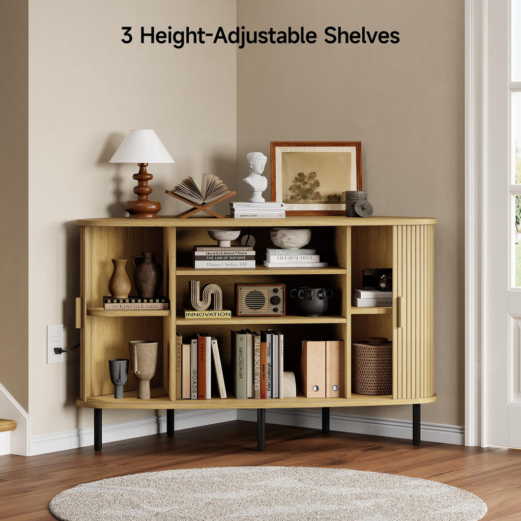 47" Corner TV Stand, Fluted TV Cabinet for 55 Inch TVs, Oak