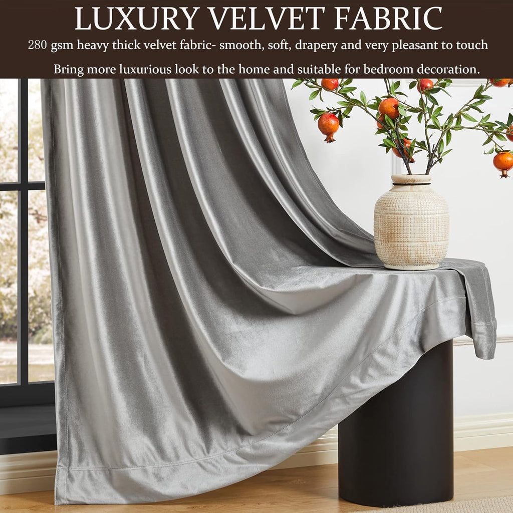 100% Full Blackout Silver Grey Velvet Curtains 96 inch Long,Set of 2 Panels Liner Rod Pocket Back Tab Thermal Window
