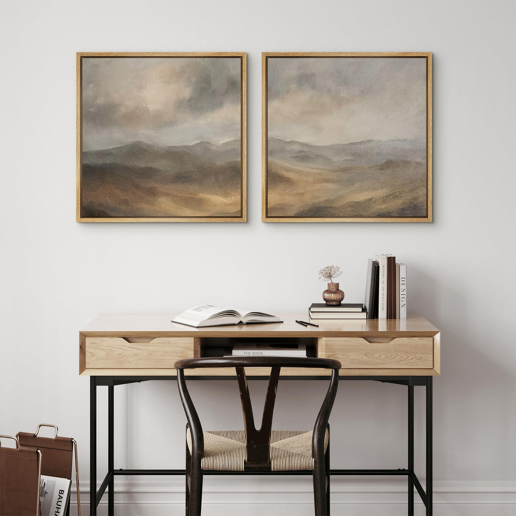 Framed Canvas Print Wall Art Set Neutral Toned Mountain Landscape Abstract Earthy Illustrations Modern Art Minimal