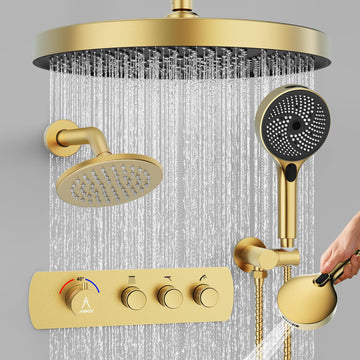 Shower System Brass Thermostatic Shower Faucet Set With Valve and Diverter Shower Mixer with 2 Rain Shower Head and