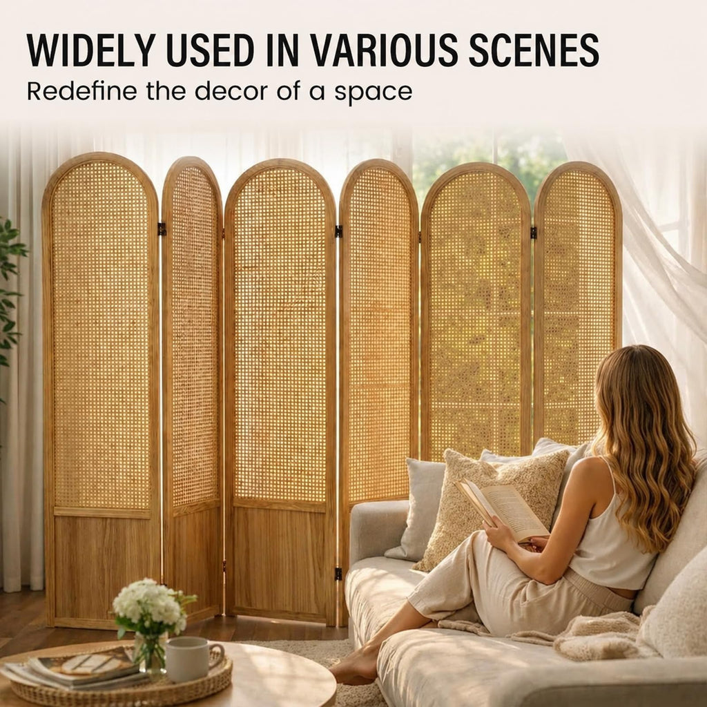 6 Panel Rattan Room Divider Screen, Boho Folding Privacy Screen