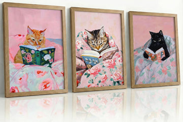 3Pcs Framed Vintage Cat Canvas Wall Art, Pink, 12''x16'' | Funny Animal Reading Books Pictures, Cute Kitten Lovers