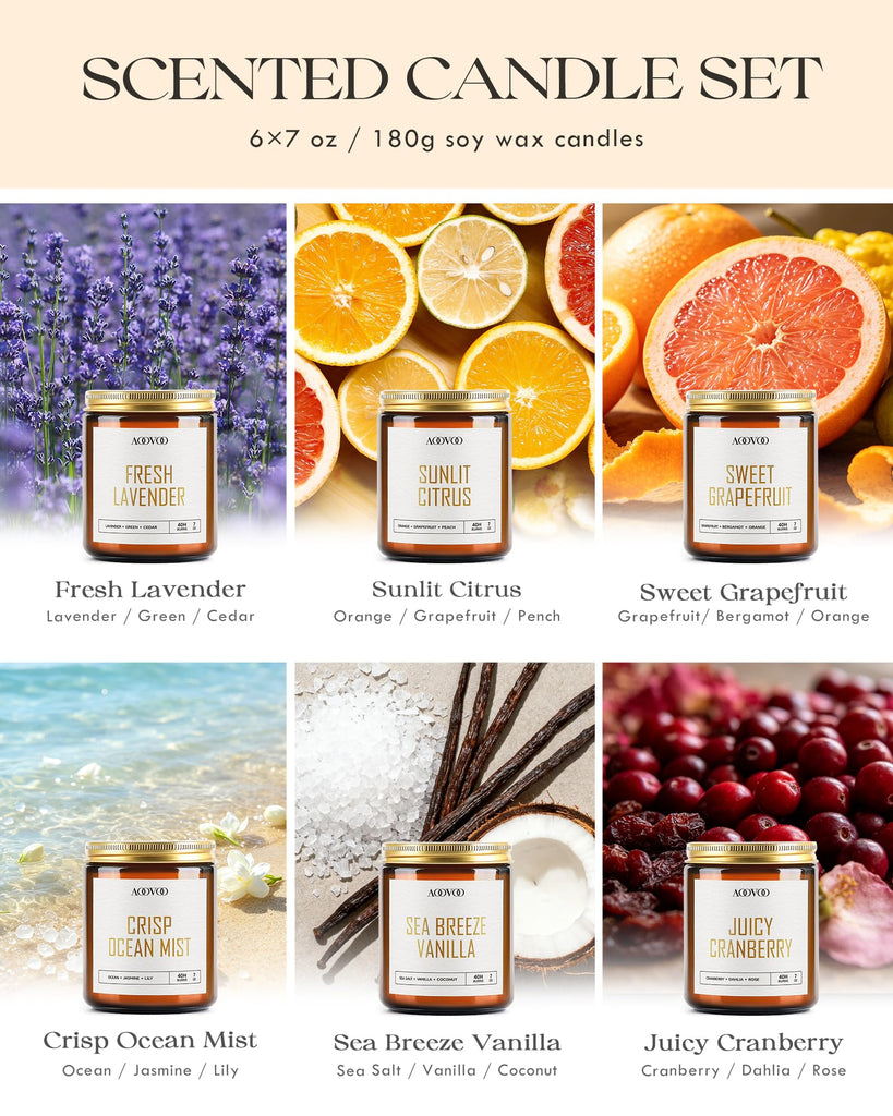S Set - 6PC Scented Candles, Soy, Aromatherapy, Soy Wax, Fresh Lavender/Sunlit Citrus/Sweet Grapefruit/Crisp Ocean