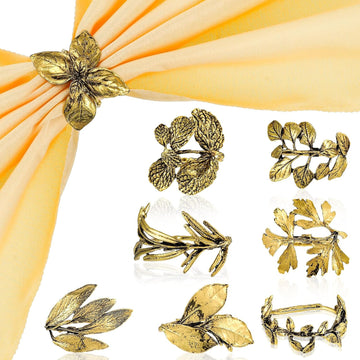 Herb Napkin Rings Set Vintage Leaf Napkin Holders, Gold - Set of 8