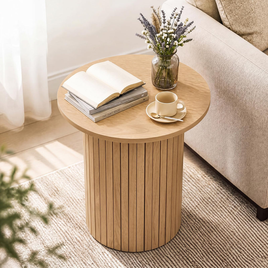 Round Side Table, Fluted Mid Century Modern Drum End Table, Natural