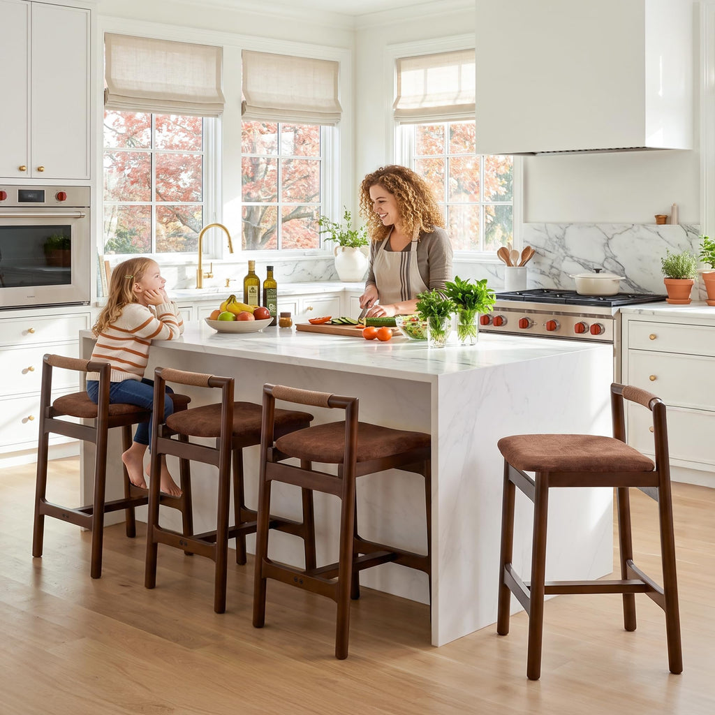 Wood Counter Stools with Woven Paper Cord Accent Back, Set of 4