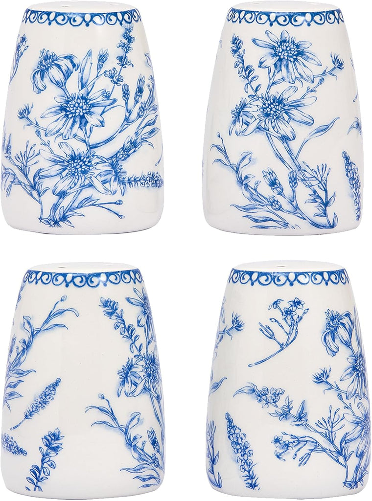 Blue Garden Toile De Jouy Ceramic Salt & Pepper Shaker Set or Decor, Dishwasher Safe - Set of 2