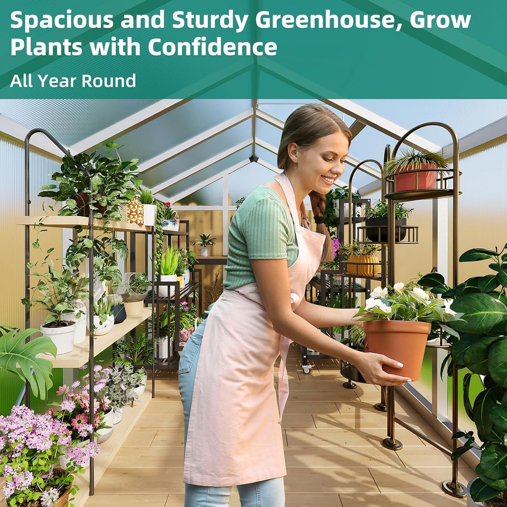 6x8ft Walk-in Greenhouse, Heavy Duty Large Outdoor Green House | Polycarbonate Garden Greenhouse with Roof Vent