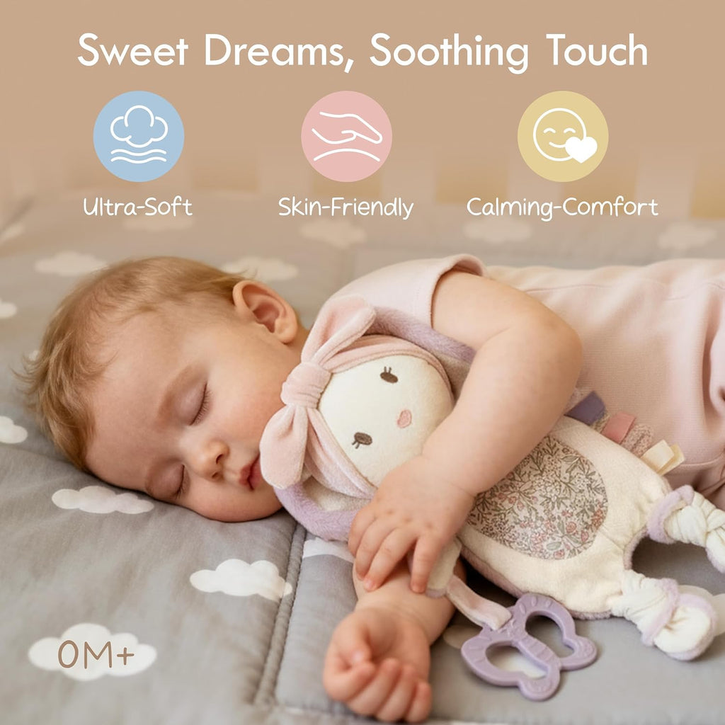 Baby Lovey with Silicone Teether, Bunny Security Blanket with Textured Ribbons, Crinkle Toys, Soft Minky Velour &