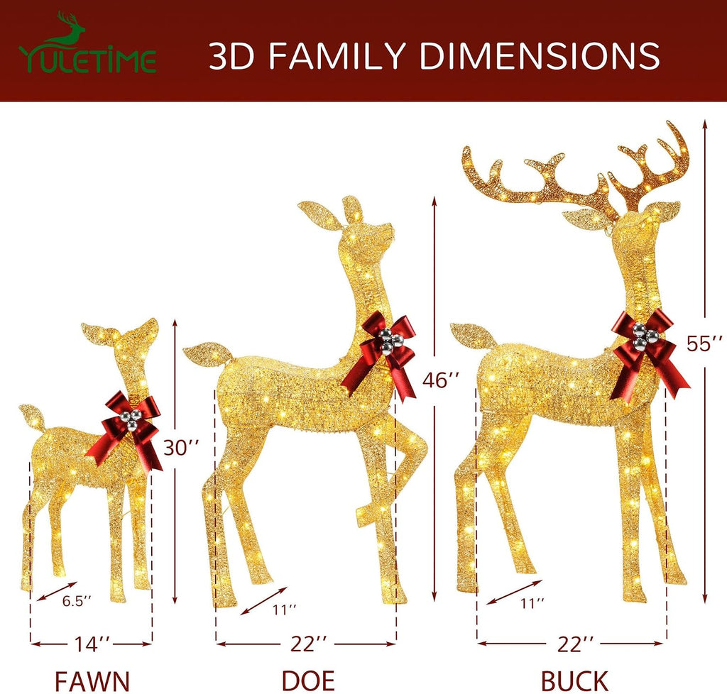 3D Christmas Reindeer Family, 3-Piece Holiday Pre-lit Glitter Deer
