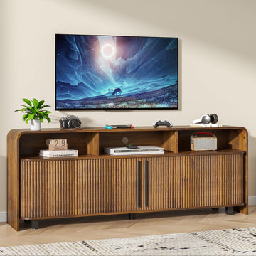 Fluted TV Stand for 75 65 80 Inch TV, 70 Inch Long Walnut Entertainment Center, Large Mid Century Modern TV Console
