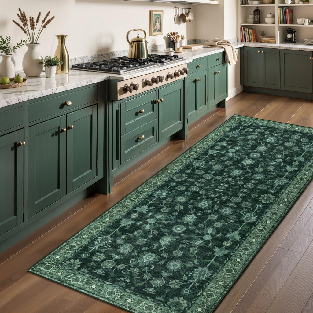 Washable 2.6x8 Runner Hallway Rug Non Slip, Dark Green Runner Rug