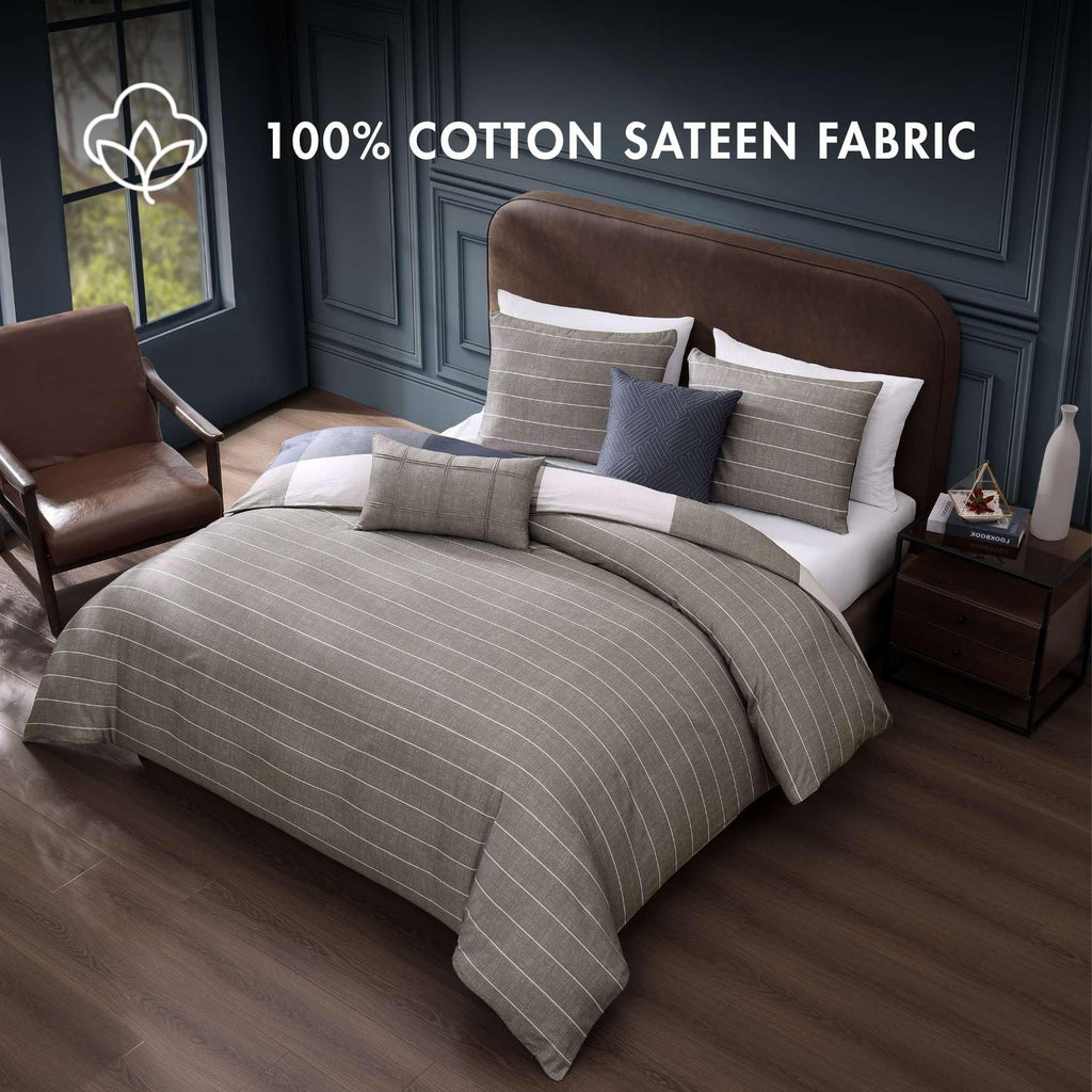 Checkered Navy Tan 5 Piece Reversible Comforter Set