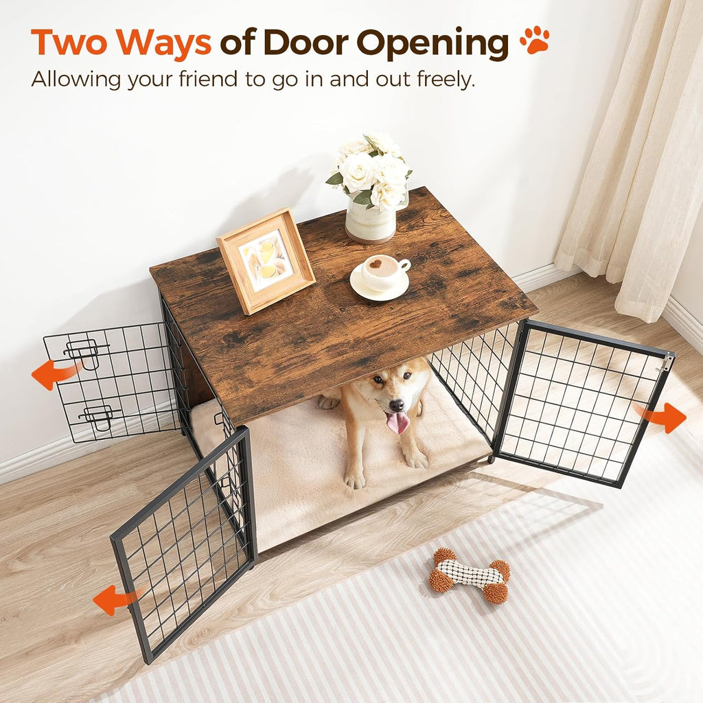 Dog Crate Furniture with Cushion, Wooden Dog Kennel with Double Doors, Heavy Duty Dog Cage for Small/Medium/Large Dogs