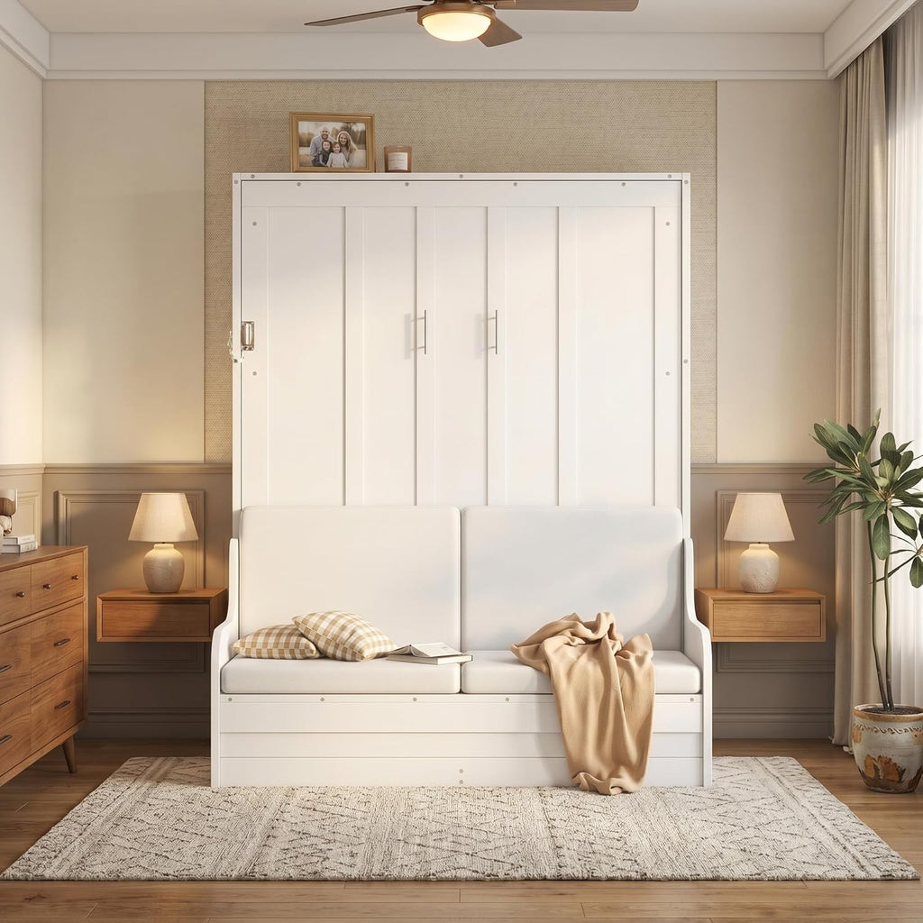 Queen Murphy Bed, Wooden Queen Murphy Bed Wall Bed with Sofa and Cushion, for Home Office or Small Room, White