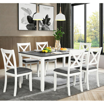 Modern 7-Piece Dining Set, 58.5" Solid Wood Table & 6 Padded X-Back Style Chairs, Grey & White Two-Toned /Dining Room