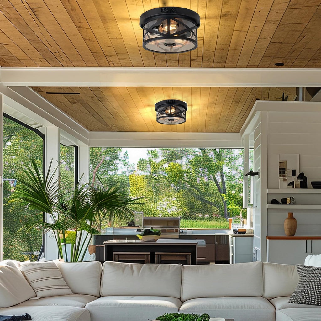 Motion Sensor Outdoor Ceiling Light, Adjustable Black Flush Mount Light Fixture, 2-Light Porch Lights Outdoor