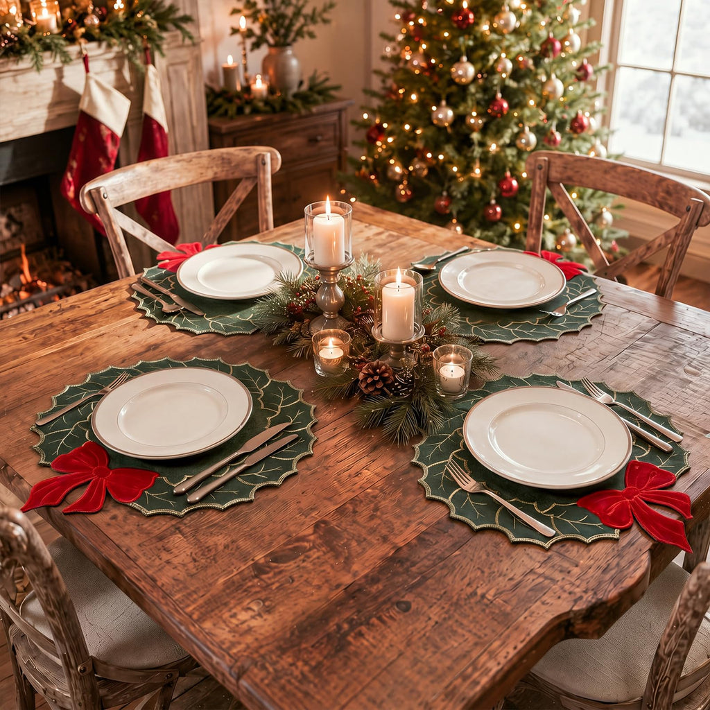 6 Pcs Christmas Placemats Linen Holly Leaf Table Mats with Red Bow