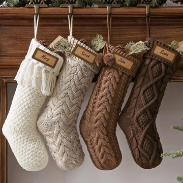 Farmhouse Knitted Personalised Christmas Stockings: 4 Pack 18 Inch Rustic Neutral Cable Knit Fireplace Stockings - Set of 4
