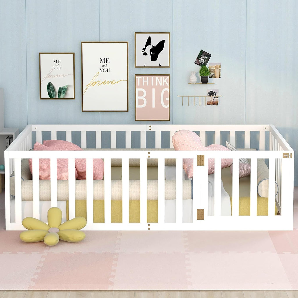 Montessori Floor Bed Frame with High Fence and Door, Full Floor Bed for Kids, Girls & Boys, Easy Assemble Montessori