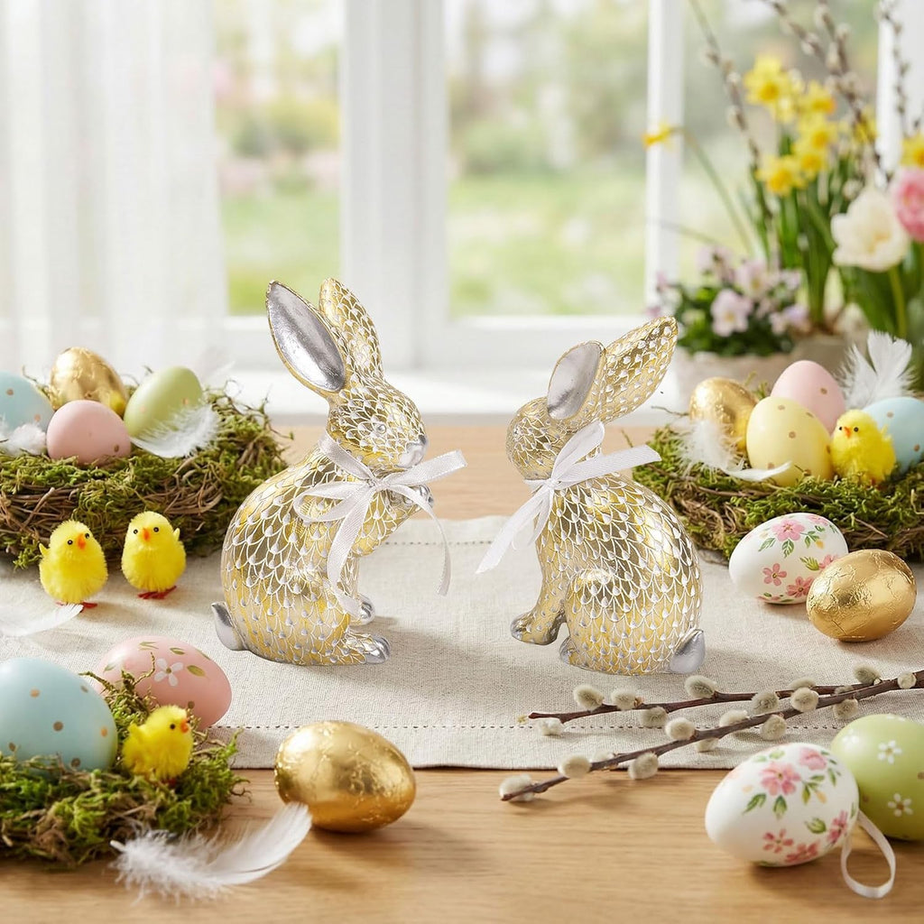 Easter Bunny Figurines, Spring Resin Gold Silver Rabbit Samll Statue Table Decor, Tabletop Centerpieces - Set of 2