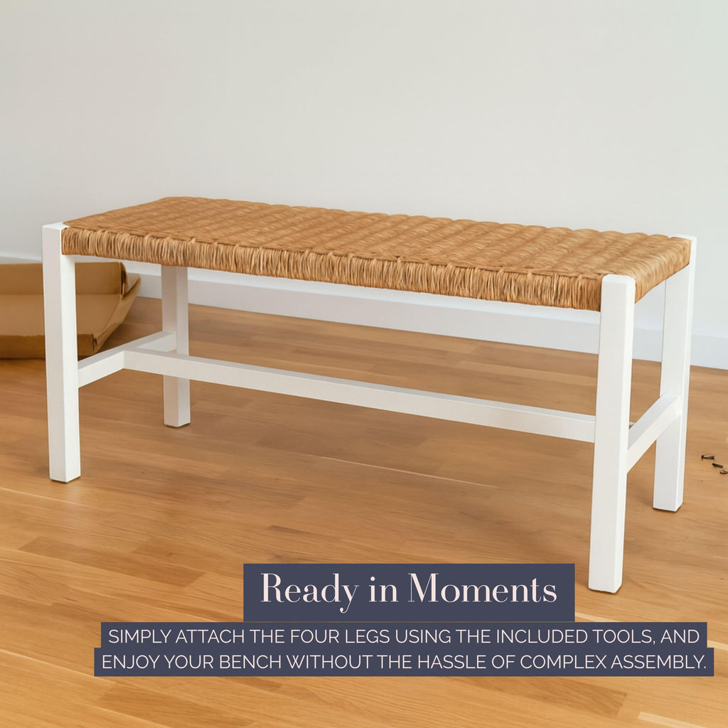 Newport Solid Wood Entryway Bench with Woven Rope Seat, White