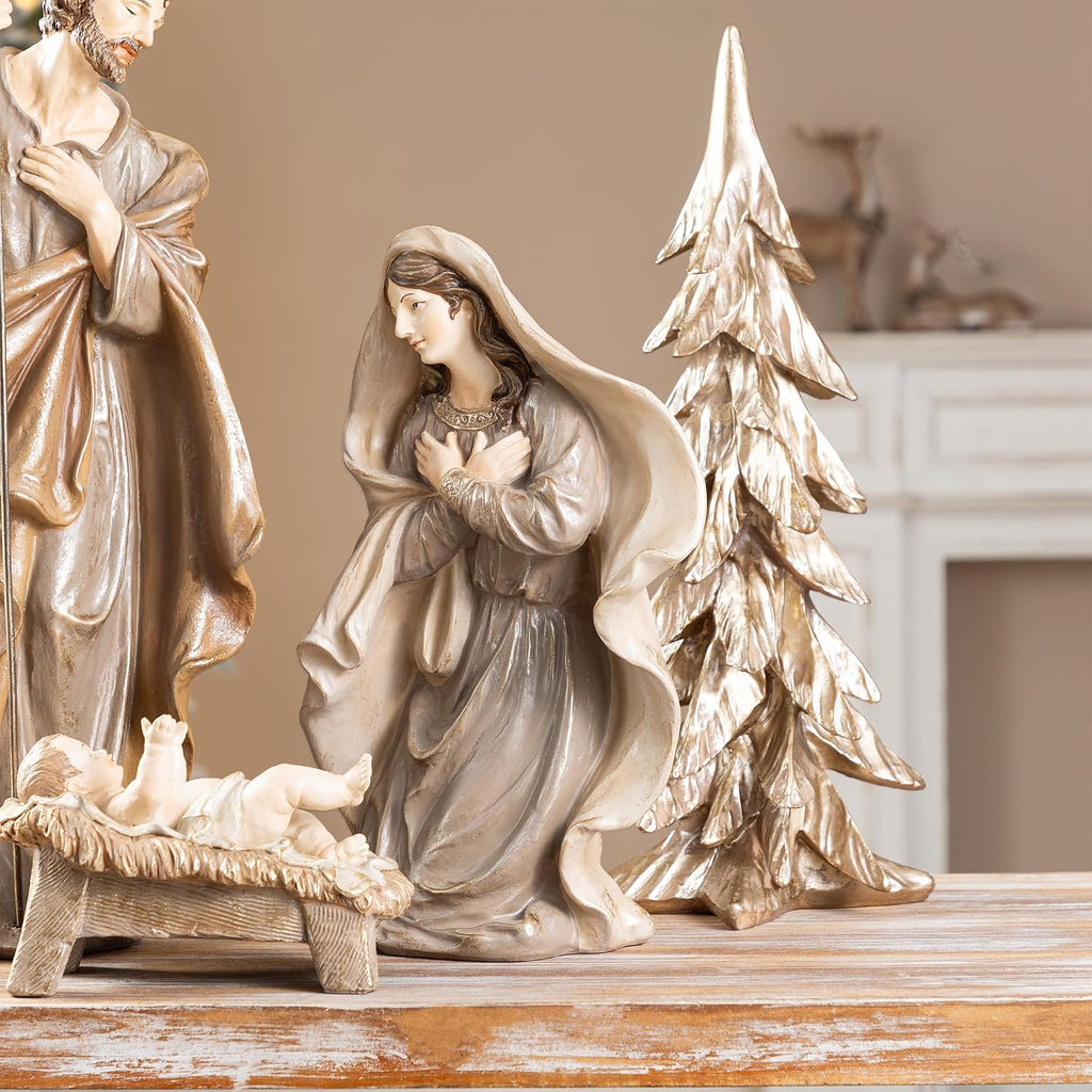 5-Piece Resin Nativity Set, Brown Resin Holy Family with Christmas Trees, Nativity Figurines Sets for Christmas