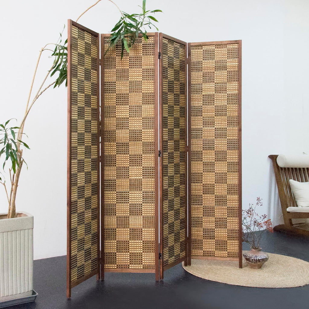 4 Panel Bamboo Room Divider, Caramel Folding Privacy Screen