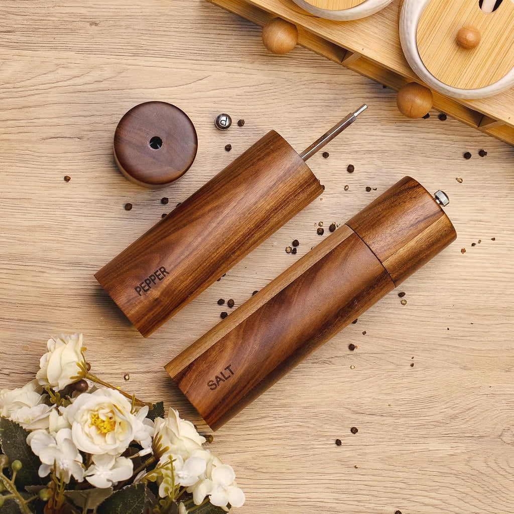 Acacia Wooden Salt and Pepper Grinder Set 8 Inches Refillable - Set of 2